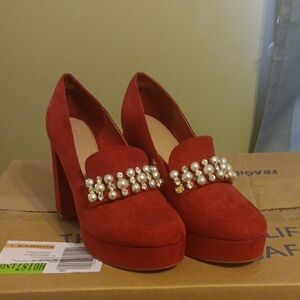 Chic Red Pearl-Embellished Heels
